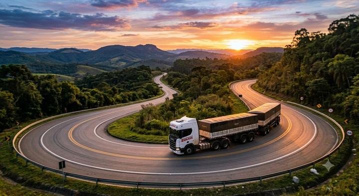 Caminhão em rodovia ao entardecer